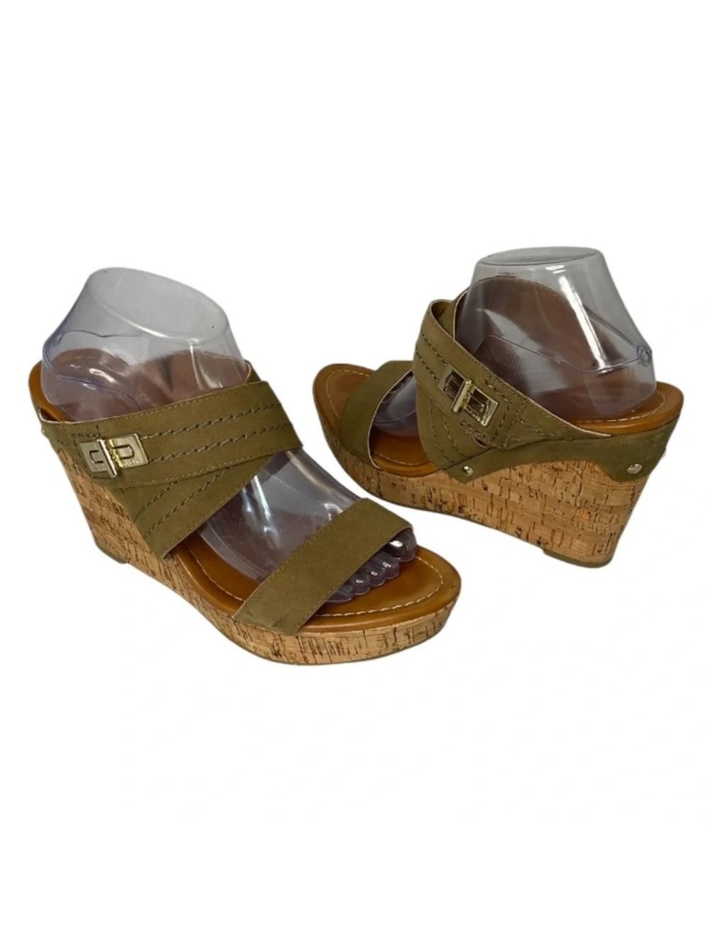TOMMY HILFIGER Mili Platform Wedge Sandals Olive Green Suede Leather Gold 10